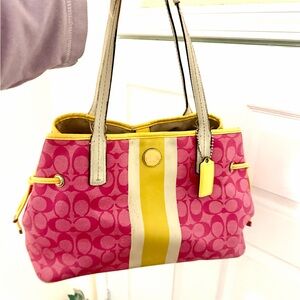 Coach Pink Signature Tote with Yellow Stripe